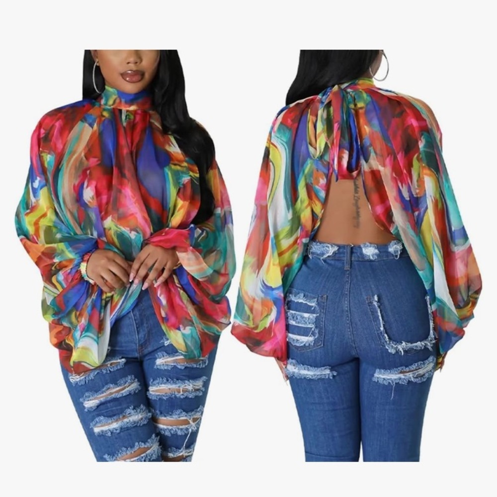 🔥NWT DOSE multiple colors graffiti long sleeve Boho, mock neck top size M